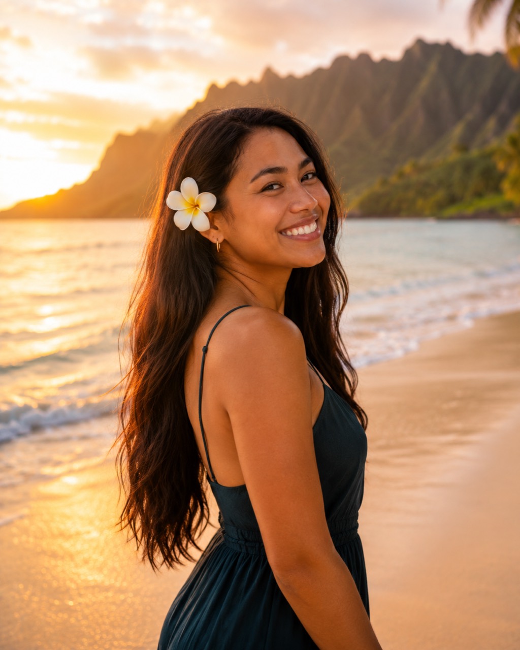 Leilani smiling on a beach at golden hour