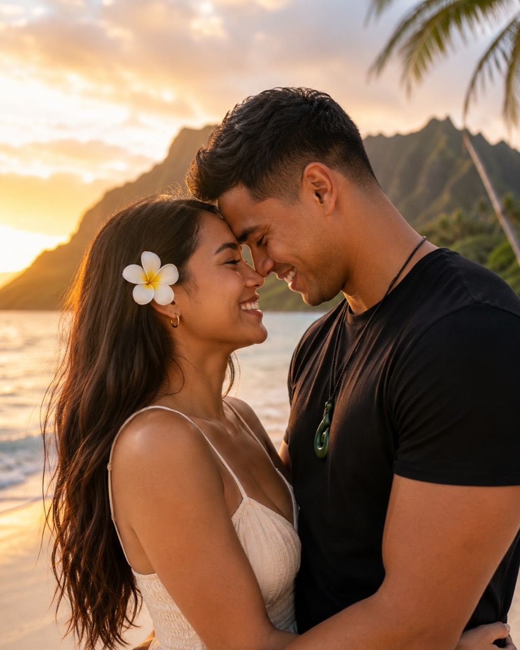 A couple smiling together on a tropical beach at sunset
